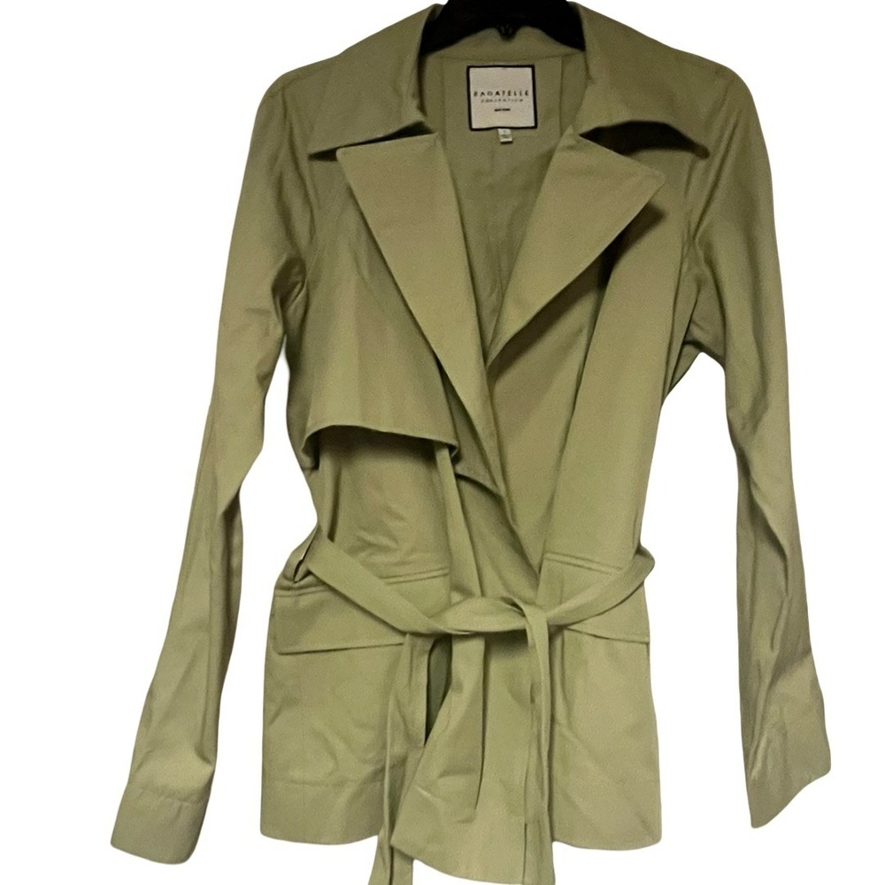 NEW Bagatelle Collection Green Open Front Jacket Trench Coat Belted Size Small